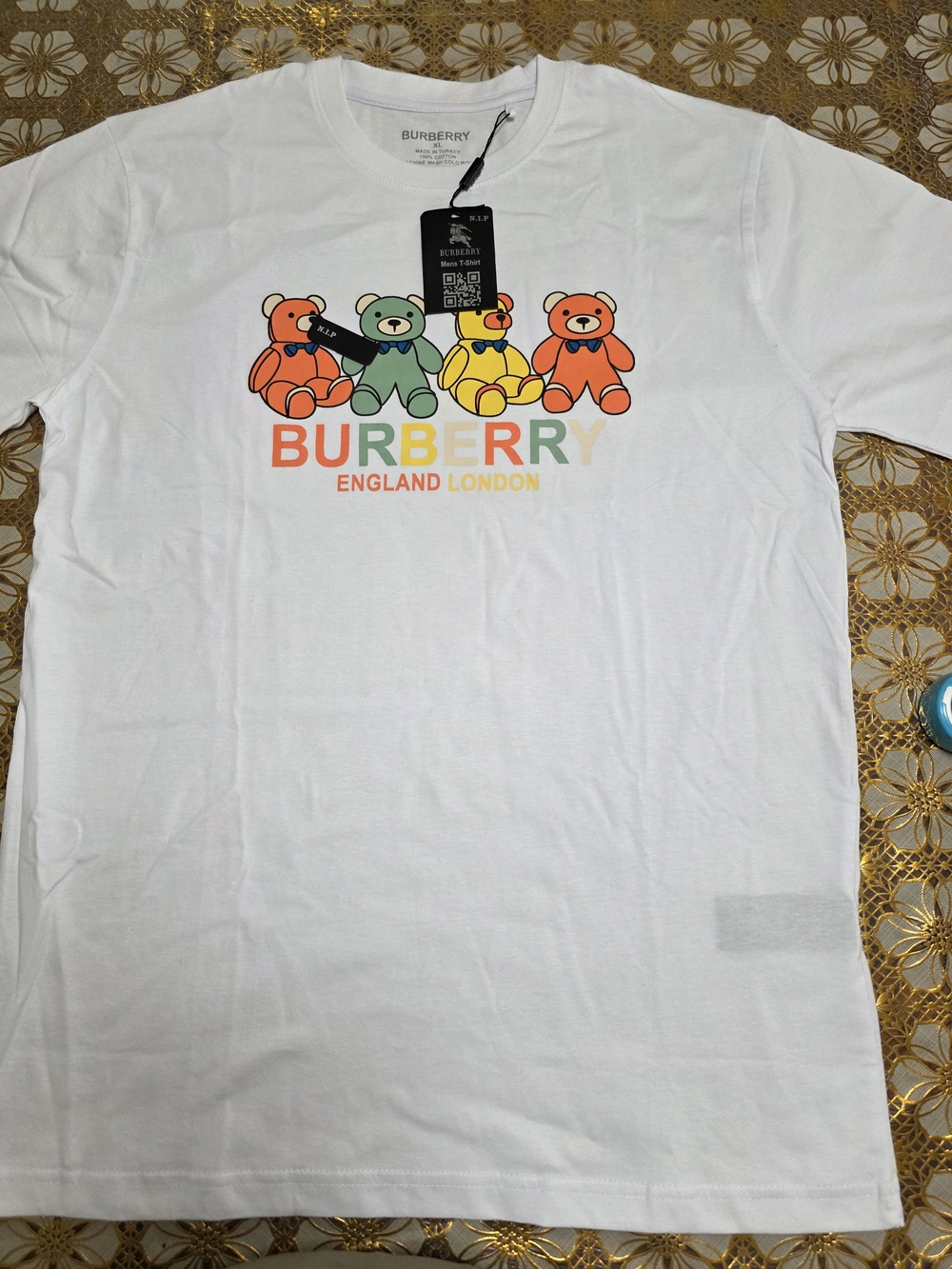 Burberry White Tee with Colorful Bear Graphic